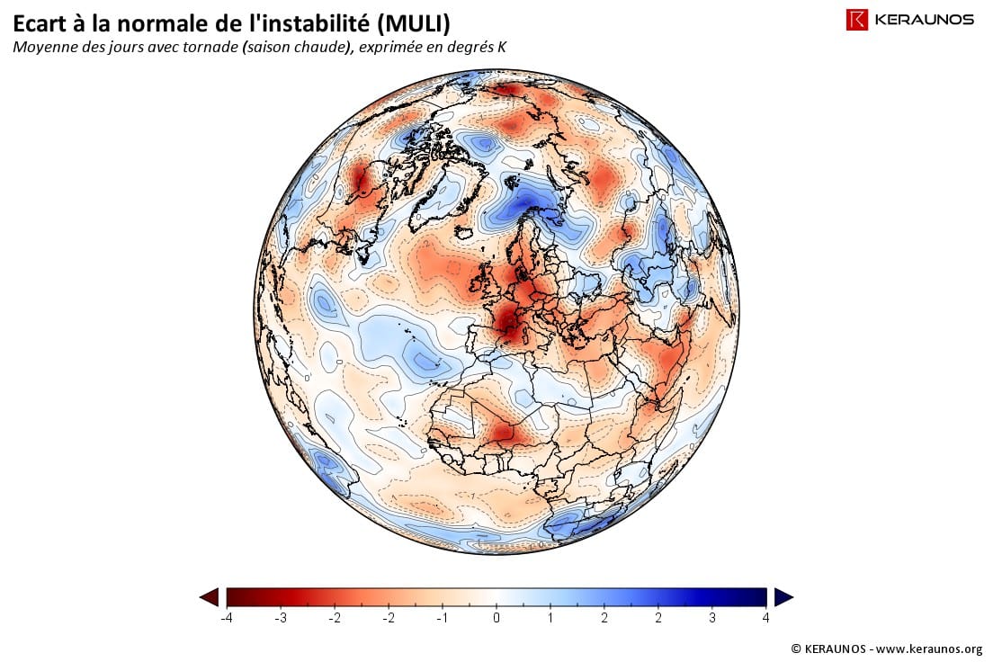 Anomalie du MULI (Most Unstable Lifted Index) pour les journées ayant connu au moins une tornade sur la France en 2014 (cas de saison chaude). (c) KERAUNOS