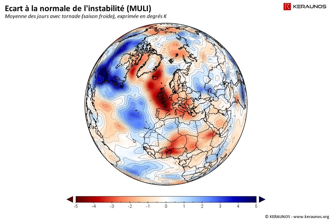 Anomalie du MULI (Most Unstable Lifted Index) pour les journées ayant connu au moins une tornade sur la France en 2014 (cas de saison froide). (c) KERAUNOS