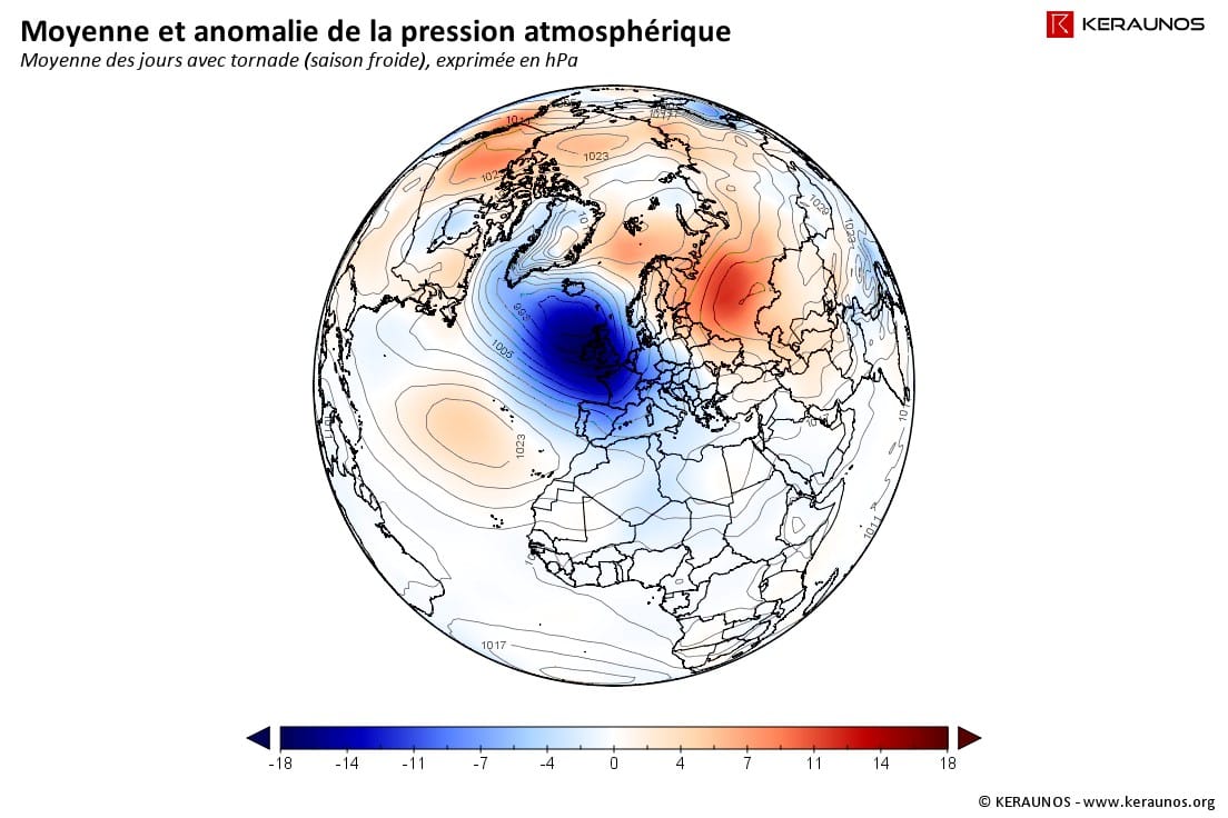 Pression moyenne (hPa) et anomalie de la pression moyenne réduite au niveau de la mer pour les journées ayant connu au moins une tornade sur la France en 2014 (cas de saison froide). (c) KERAUNOS