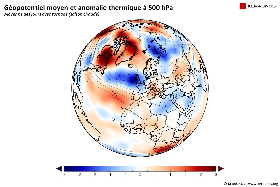 Z500 moyenne et anomalie de la température moyenne à 500 hPa pour les journées ayant connu au moins une tornade sur la France en 2014 (cas de saison chaude). (c) KERAUNOS