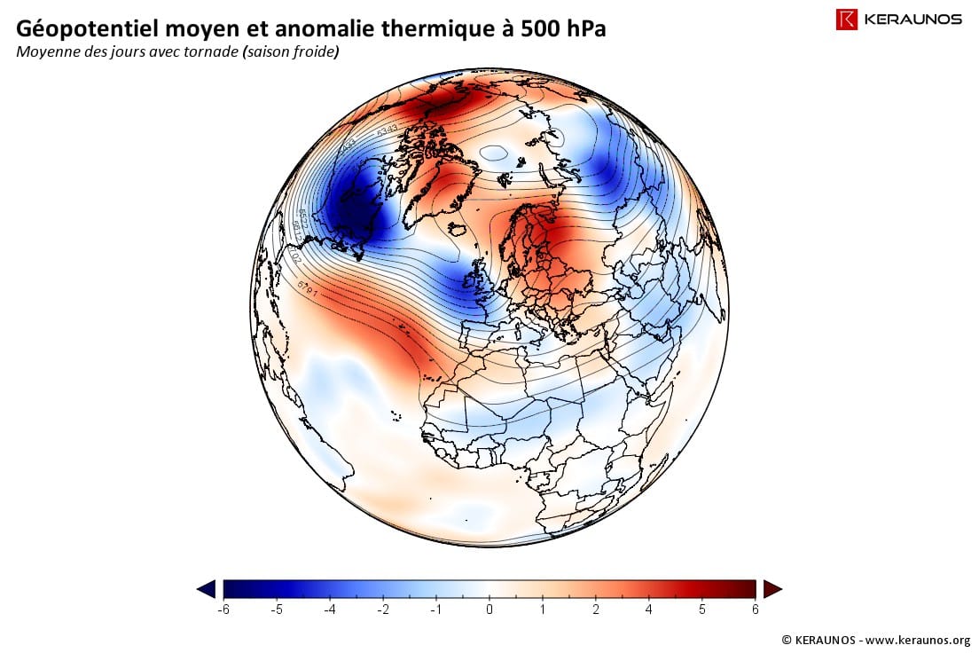 Z500 moyenne et anomalie de la température moyenne à 500 hPa pour les journées ayant connu au moins une tornade sur la France en 2014 (cas de saison froide). (c) KERAUNOS
