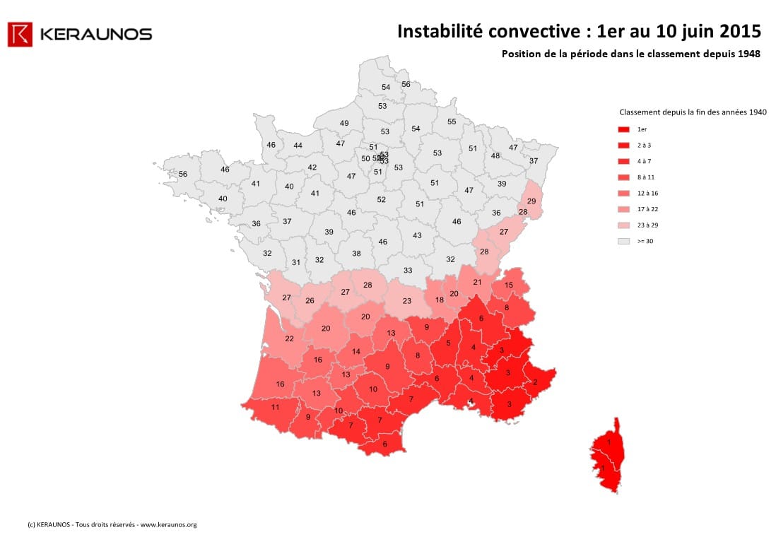 Instabilité entre le 1er et le 10 juin 2015. Classement de la période depuis 1948. © KERAUNOS Instabilité entre le 1er et le 10 juin 2015. Classement de la période depuis 1948. © KERAUNOS