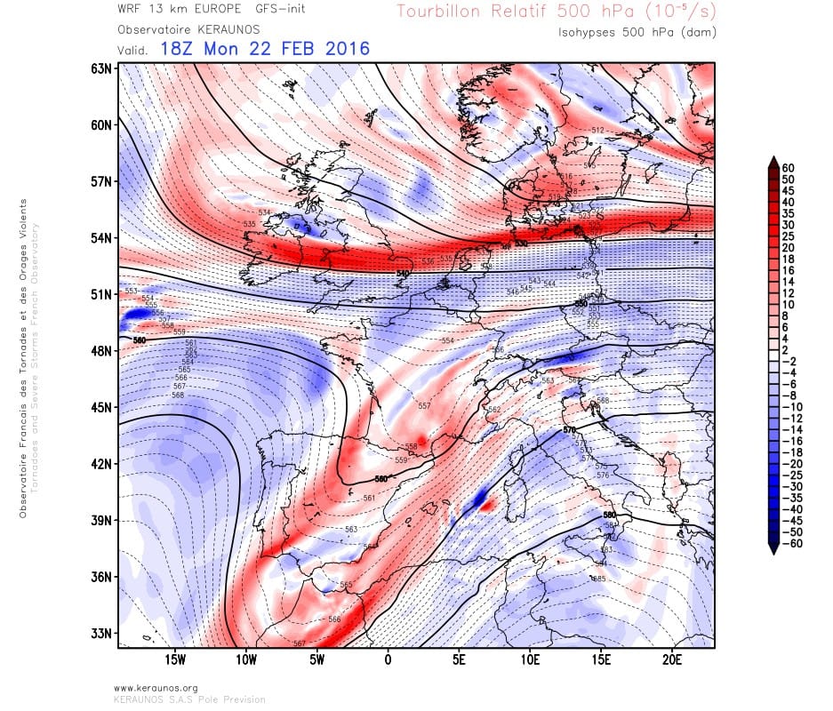 Tourbillon relatif à 500 hPa et Z500, le 22 février 2016 à 18h TU. Modèle WRF 13 km Europe, run du 22.02.2016 12Z. © KERAUNOS Tourbillon relatif à 500 hPa et Z500, le 22 février 2016 à 18h TU. Modèle WRF 13 km Europe, run du 22.02.2016 12Z. © KERAUNOS