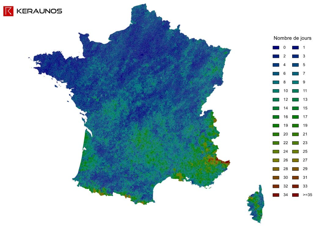 Carte du nombre de jours avec orage en France par communes en 2015. (c) KERAUNOS Carte du nombre de jours avec orage en France par communes en 2015. (c) KERAUNOS