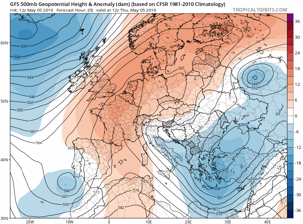 Anomalie de géopotentiel à 500 hPa du 5 au 12 mai - Modèle GFS