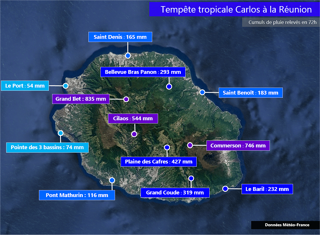 Plus de 800 mm de pluie sur le relief de la Réunion au passage de la  tempête tropicale Carlos - KERAUNOS, Observatoire français des tornades et  orages violents