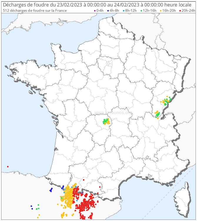 Orages de neige près des Pyrénées le 23 février