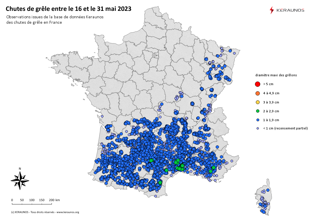 Orages de grêle omniprésents au sud, absents au nord en deuxième quinzaine de mai