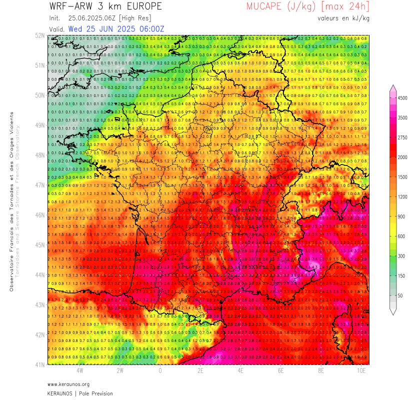Derecho de l'Occitanie à la Lorraine le 25 juin : rafales à 140 km/h et grêlons proches de 10 cm
