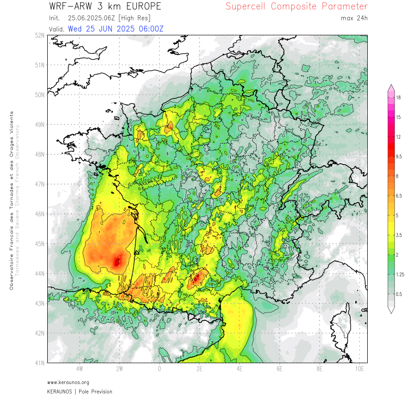 Derecho de l'Occitanie à la Lorraine le 25 juin : rafales à 140 km/h et grêlons proches de 10 cm