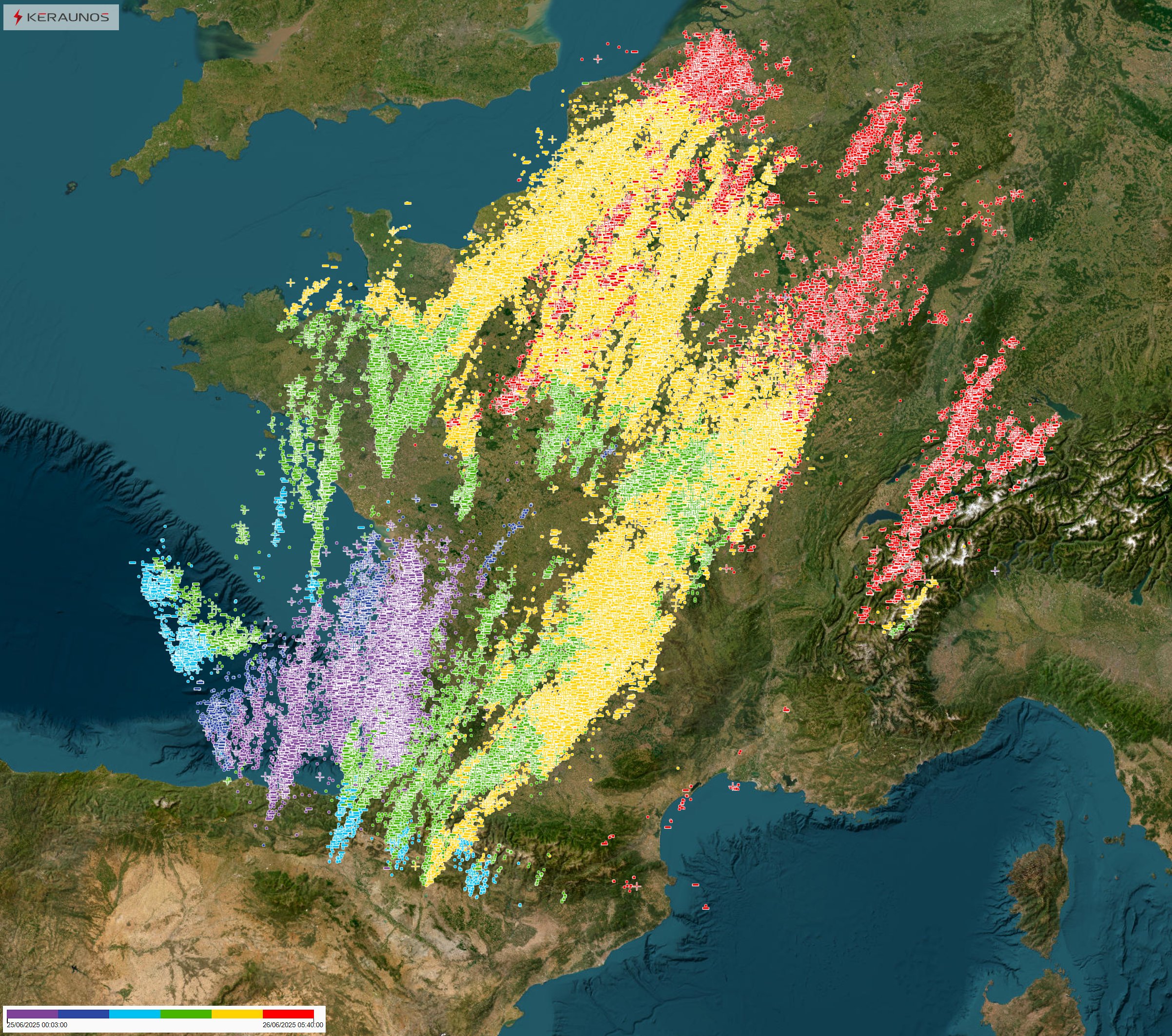 Derecho de l'Occitanie à la Lorraine le 25 juin : rafales à 140 km/h et grêlons proches de 10 cm
