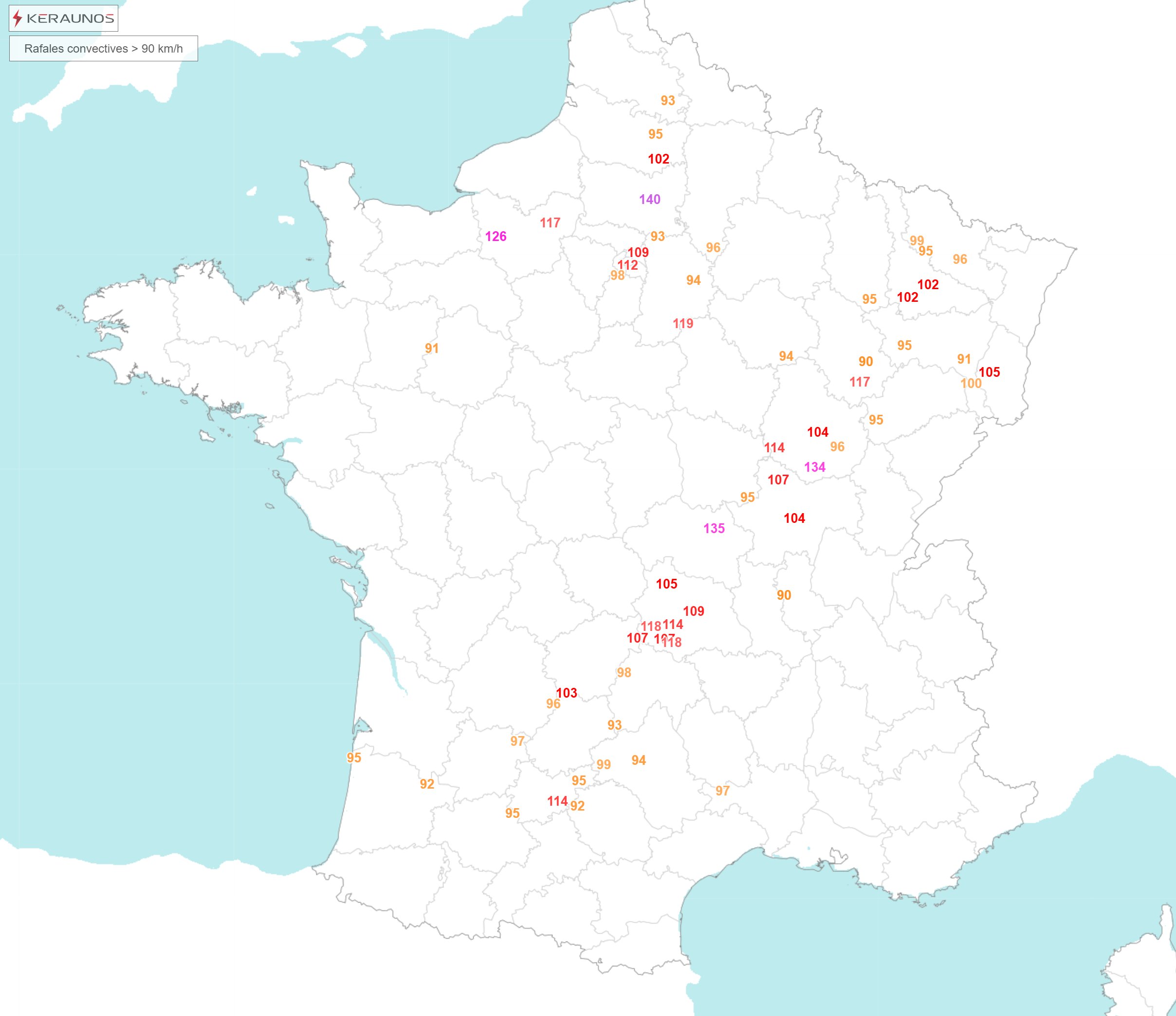 Derecho de l'Occitanie à la Lorraine le 25 juin : rafales à 140 km/h et grêlons proches de 10 cm