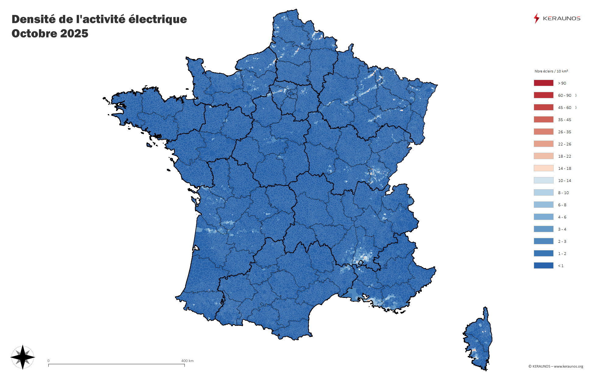 Bilan foudre d'octobre : des orages rares et peu électriques