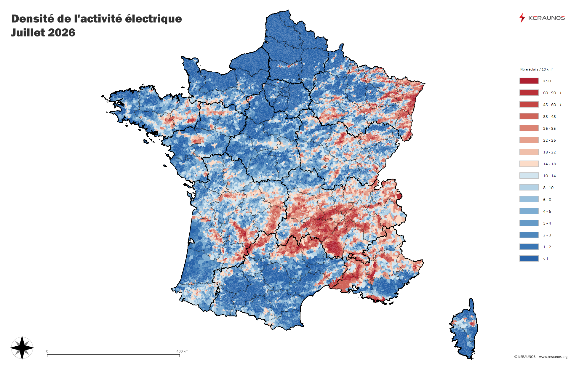 Bilan foudre de juillet : une forte activité du Massif Central à la Lorraine