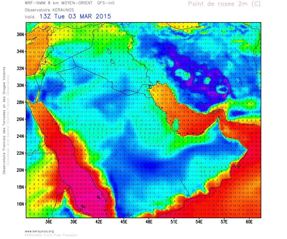 Champ de point de rosée à 2 mètres. Modèle WRF 8 km Moyen-Orient. (c) KERAUNOS Champ de point de rosée à 2 mètres. Modèle WRF 8 km Moyen-Orient. (c) KERAUNOS