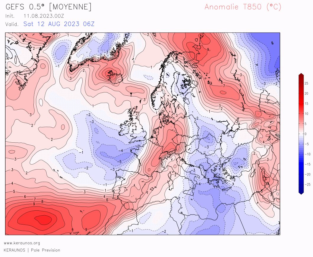 Apr&egrave;s une faiblesse en d&eacute;but de semaine avec des orages, le mod&egrave;le d'ensemble am&eacute;ricain montre l'installation d'une anomalie thermique importante sur la France, culminant le WE prochain (+10/+12&deg;C au niveau de la masse d'air &agrave; 1500 m).