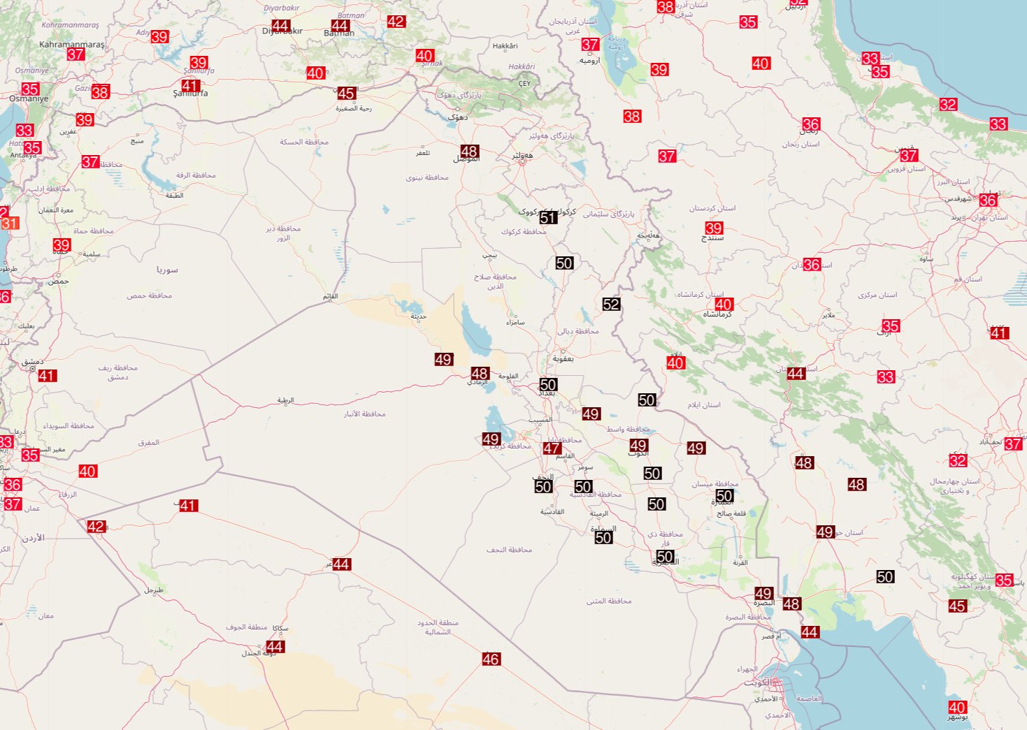 <p>Nombreuses valeurs à 50°C et plus en Irak ce vendredi avec jusqu'à 52.5°C à Khanaqin (0.1°C du record absolu). Un exceptionnel 50.6°C à Kirkouk, ce qui constitue a priori un record absolu. Carte Ogimet.</p>