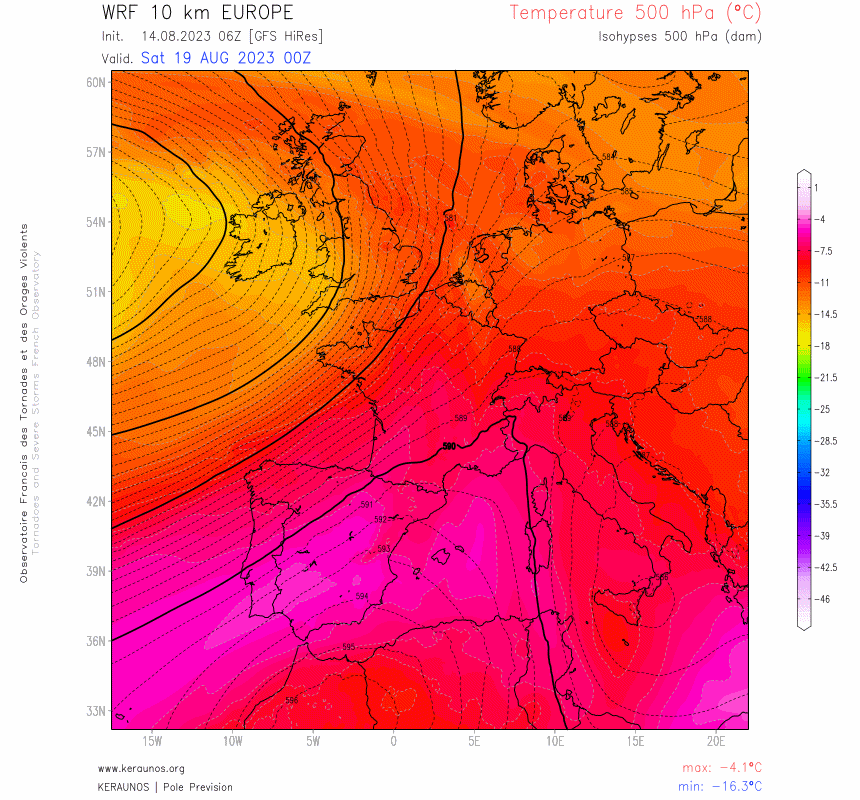 A partir de samedi, de tr&egrave;s puissants g&eacute;opotentiels pouvant atteindre 600 dam &agrave; 5000 hPa (d&ocirc;me de chaleur) vont gagner la France, propulsant l'iso 0&deg;C &agrave; pr&egrave;s de 5000 m d'alt. Ces conditions anticycloniques vont annihiler les risques d'orages d&egrave;s la fin de semaine.