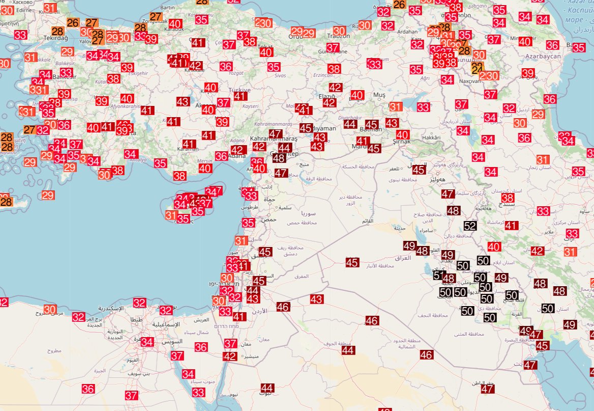 <p>Outre les 50°C en Turquie sur une station qui n'apparaît pas ici, à noter 47.4°C à Alep en Syrie (record absolu). Enfin, c'est le 7ème jour consécutif que Khanaqin en #Irak relève 50°C ou plus (51.5°C aujourd'hui). Carte Ogimet</p>