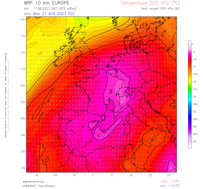 A haute altitude, le pic de chaleur de l'&eacute;pisode caniculaire se produira entre dimanche et lundi avec -4&deg;C attendu vers 6000 m d'altitude. L'isotherme 0&deg;C devrait s'&eacute;lever vers des valeurs proches des records, &agrave; 5100 m d'altitude.&nbsp;