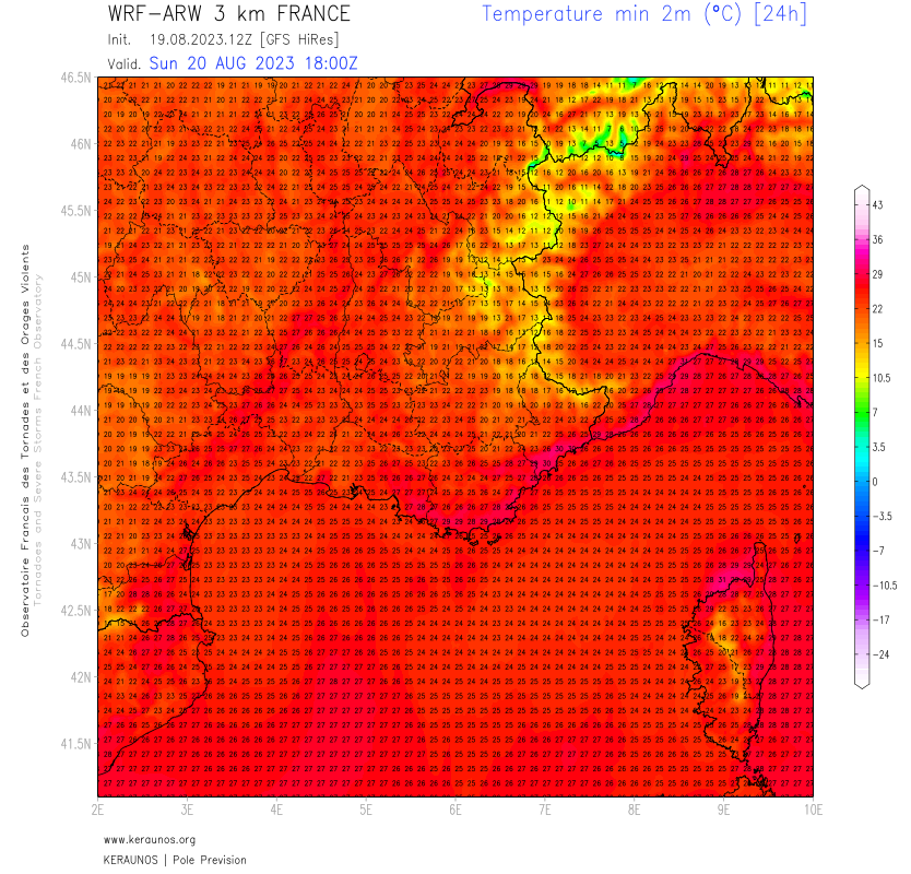 <p>Les nuits tropicales (mini >20°C) vont devenir monnaie courante sur les deux tiers sud. Les minimales modélisées dans la nuit de dimanche à lundi sont assez exceptionnelles près de la Méditerranée avec certaines valeurs ne descendant pas sous 29 à 30°C selon ARW 3 km.</p>