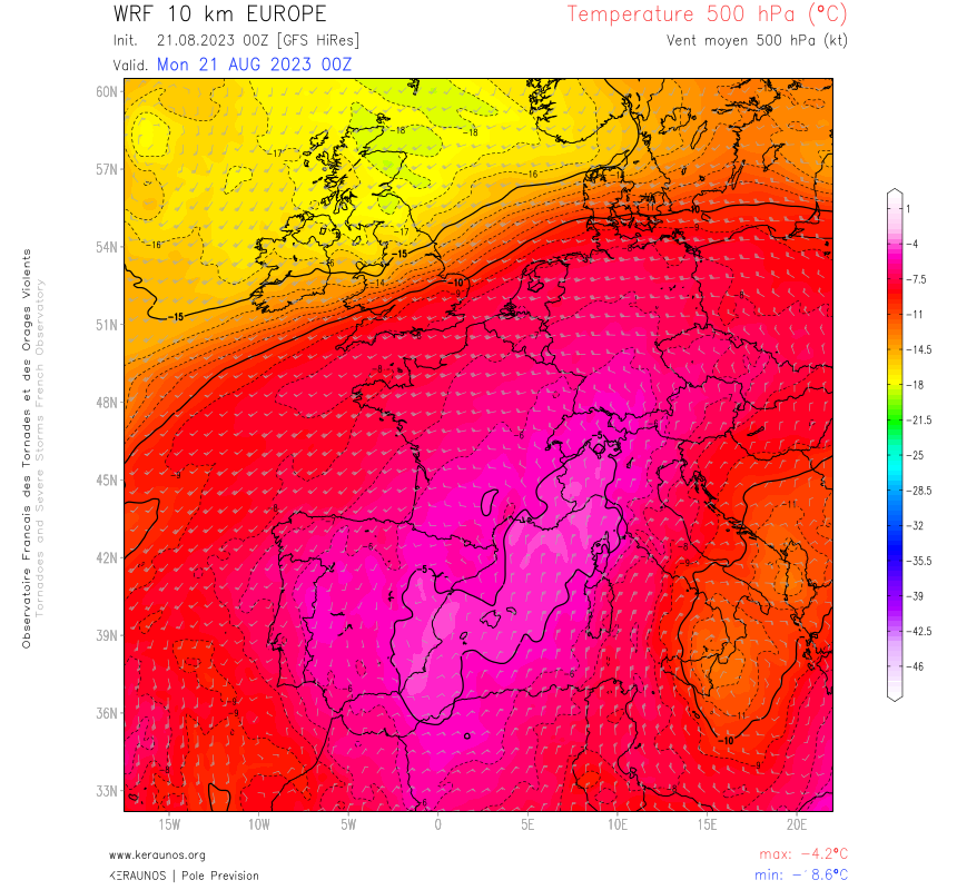 <p>-5°C à 500 hPa soit 5965 m d'altitude ce lundi, c'est la température mesurée par le radiosondage de Payerne par MétéoSuisse à 0h UTC. Il s'agit d'un record absolu de température à 500 hPa (début des relevés en 1954).</p>