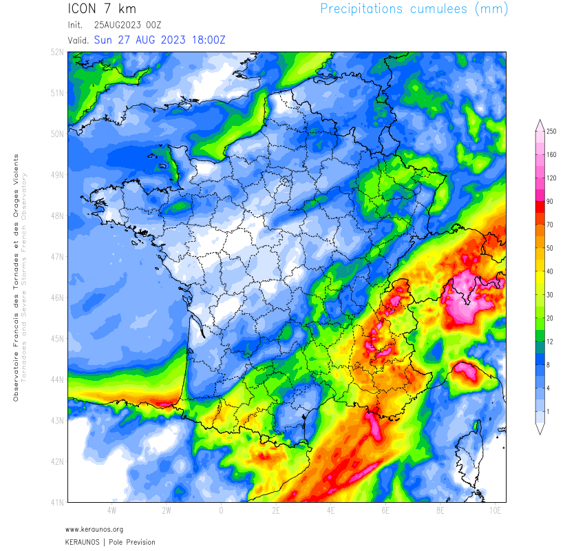 Un arrosage abondant est envisag&eacute; entre les diff&eacute;rents passages orageux entre ce vendredi et dimanche soir, notamment &agrave; l'est du Rh&ocirc;ne o&ugrave; les cumuls sont &agrave; surveiller car l'&eacute;pisode se poursuit lundi. Les d&eacute;tails des cumuls sont encore &agrave; affiner.