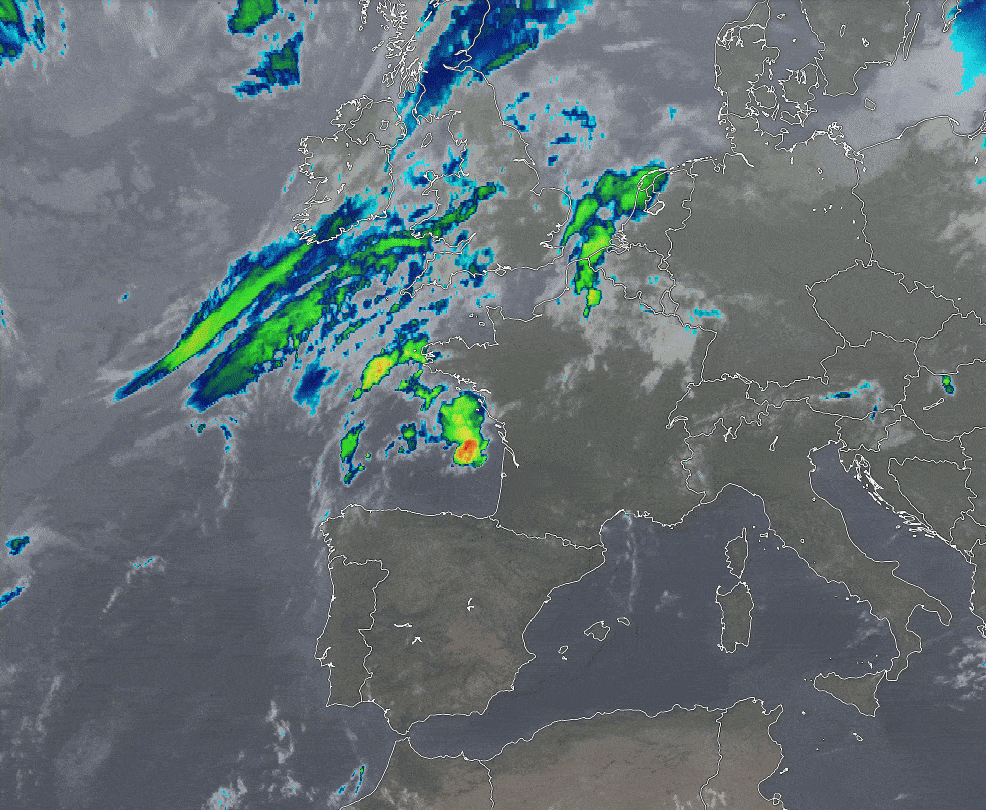 Plusieurs vagues orageuses successives concernent la France. Le risque orageux se d&eacute;cale de plus en plus vers le sud-est. Il aura fallu plus de 48/60h pour que le thalweg d'altitude s'enfonce vers le sud et &eacute;limine les tr&egrave;s fortes chaleurs de tout le pays. Img SSEC.