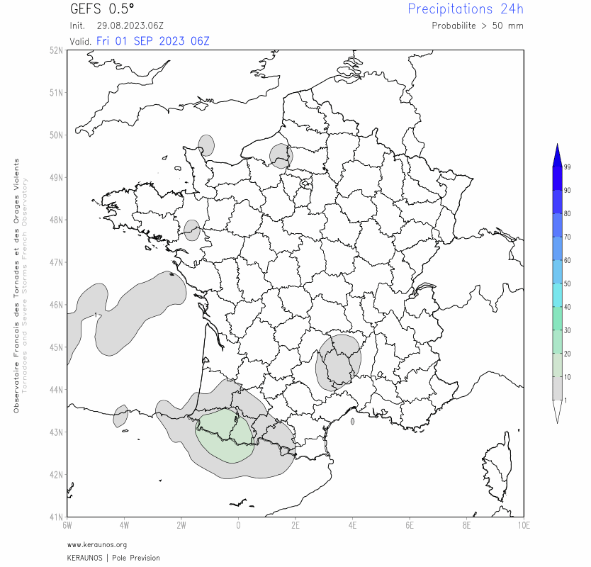 Le signal de fortes pr&eacute;cipitations est pr&eacute;sent mais les probabilit&eacute;s encore tr&egrave;s mod&eacute;r&eacute;es montrent l'incertitude qui r&egrave;gne encore dans le sud entre vendredi et lundi prochains. Le positionnement et &eacute;volution de la goutte froide ib&eacute;rique demandent encore &agrave; &ecirc;tre affin&eacute;s.