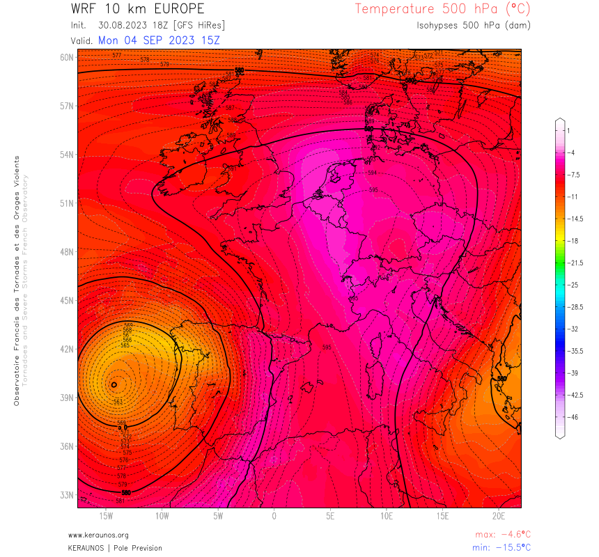 A nouveau, pour la deuxi&egrave;me fois en moins de 15 jours, l'isotherme 0&deg;C pourrait s'&eacute;lever au-dessus de 5000 m d'altitude sur les Alpes, mais aussi jusqu'au Benelux entre dimanche et lundi (T500 &gt; -5&deg;C). La dorsale anticyclonique attendue est &agrave; un niveau record &agrave; haute altitude pour un d&eacute;but septembre.