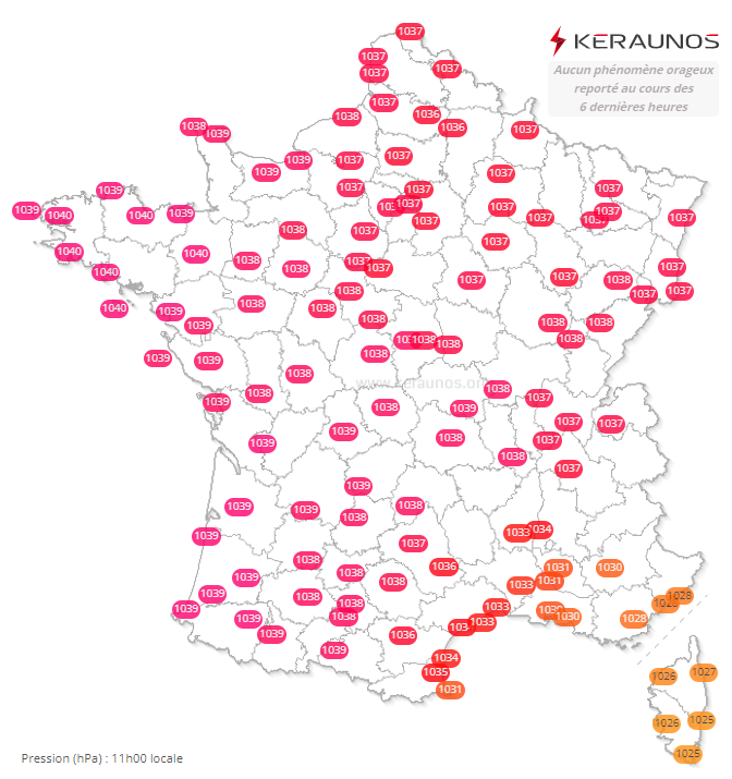 <p>Les pressions sont en nette hausse sous l'effet d'un anticyclone qui s'intensifie par l'ouest. Les 1045 hPa devraient être atteints demain samedi sur le nord-est notamment. De telles valeurs sont remarquables, surtout en décembre.</p>