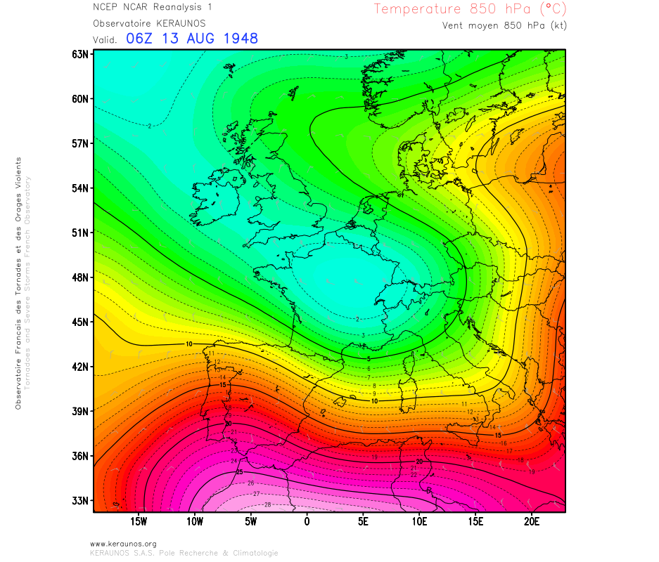 Le temps va sensiblement se rafra&icirc;chir en 2eme partie de semaine mais on n'atteindra pas de records pour une premi&egrave;re quinzaine d'ao&ucirc;t au niveau de la masse d'air qui &eacute;tait plusieurs degr&eacute;s plus froide &agrave; l'&eacute;chelle de la France le 13 ao&ucirc;t 1948 par exemple.