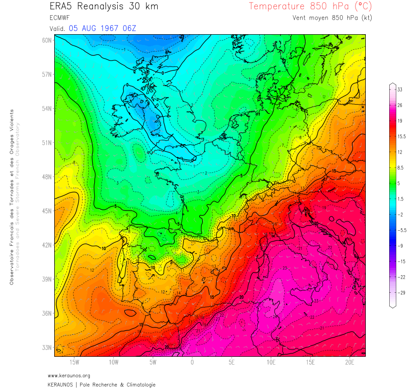 En minimum absolu en France, pour une premi&egrave;re quinzaine d'ao&ucirc;t, la masse d'air avait atteint 0&deg;C vers 1500 m en Normandie le 5 ao&ucirc;t 1967.&nbsp; Entre jeudi et samedi prochain, on devrait a priori atteindre 4&deg;C au minimum sur le pays vers 1500 m.