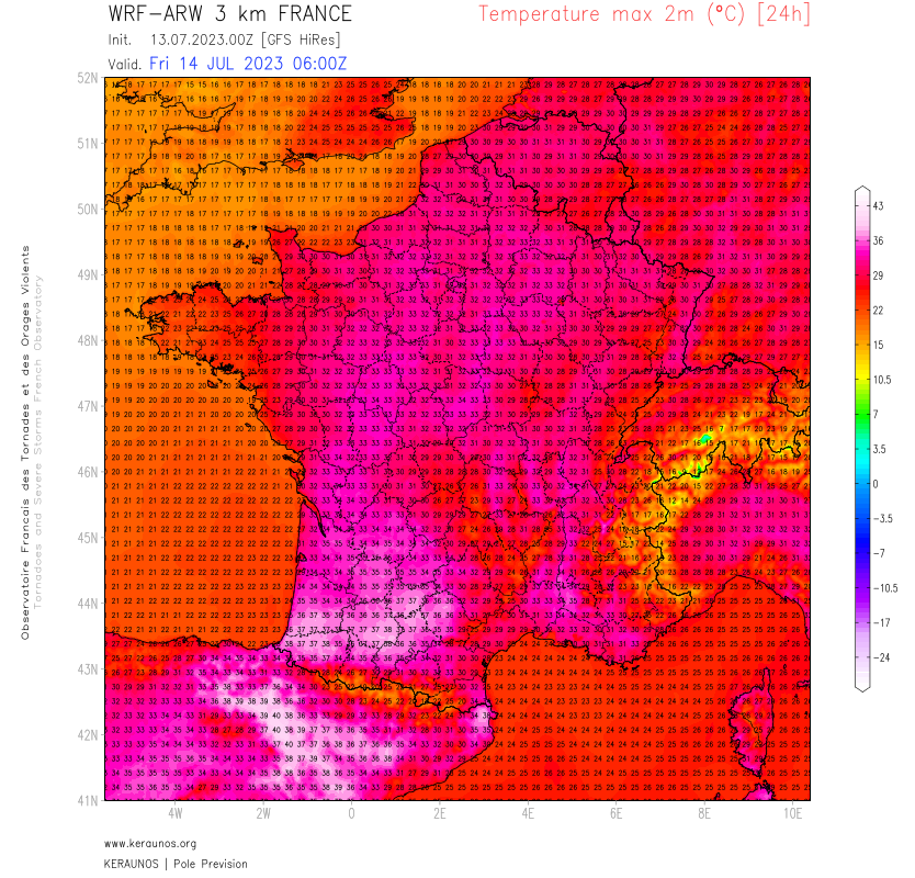 Retour de tr&egrave;s fortes chaleurs par le sud-ouest demain vendredi pour le 14 juillet. La chaleur gagnera la majeure partie de la France avec fr&eacute;quemment plus de 30&deg;C. D&eacute;gradation faible &agrave; mod&eacute;r&eacute;e la nuit suivante de l'est Aquitaine au nord.