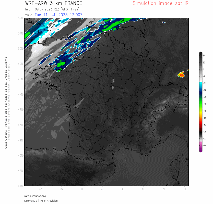 Simulation satellite ARW 3km pour mardi : des orages violents, voire extr&ecirc;mement violents (&agrave; pr&eacute;ciser), sont envisag&eacute;s en deux salves. Un for&ccedil;age d'altitude qui reste &agrave; mieux d&eacute;finir devrait circuler sur une masse d'air extr&ecirc;mement instable (loc plus de 39/40&deg;C) sur le centre-est.
