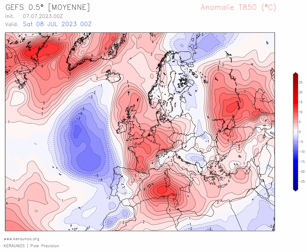 Une chaleur durable s'installe sur le sud-est du pays, et plus largement sur le sud du continent avec renforcement de la ceinture anticyclonique subtropicale, dans un 1er temps centr&eacute;e entre Alg&eacute;rie et Maroc. Risque de T&gt;45&deg;C en d&eacute;but de semaine pro entre sud Espagne et Maghreb.