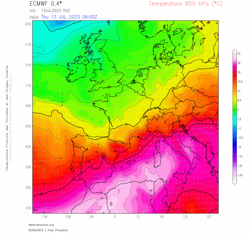 Apr&egrave;s une pause tr&egrave;s relative, le d&ocirc;me de chaleur va se reconstituer sur la M&eacute;diterran&eacute;e. Masse d'air &agrave; nouveau br&ucirc;lante sur le bassin, avec d&eacute;bordements jusqu'au sud de la France. Des valeurs exceptionnelles de 30&deg;C &agrave; 850 hPa sont mod&eacute;lis&eacute;es sur les PO en d&eacute;but de semaine pro.