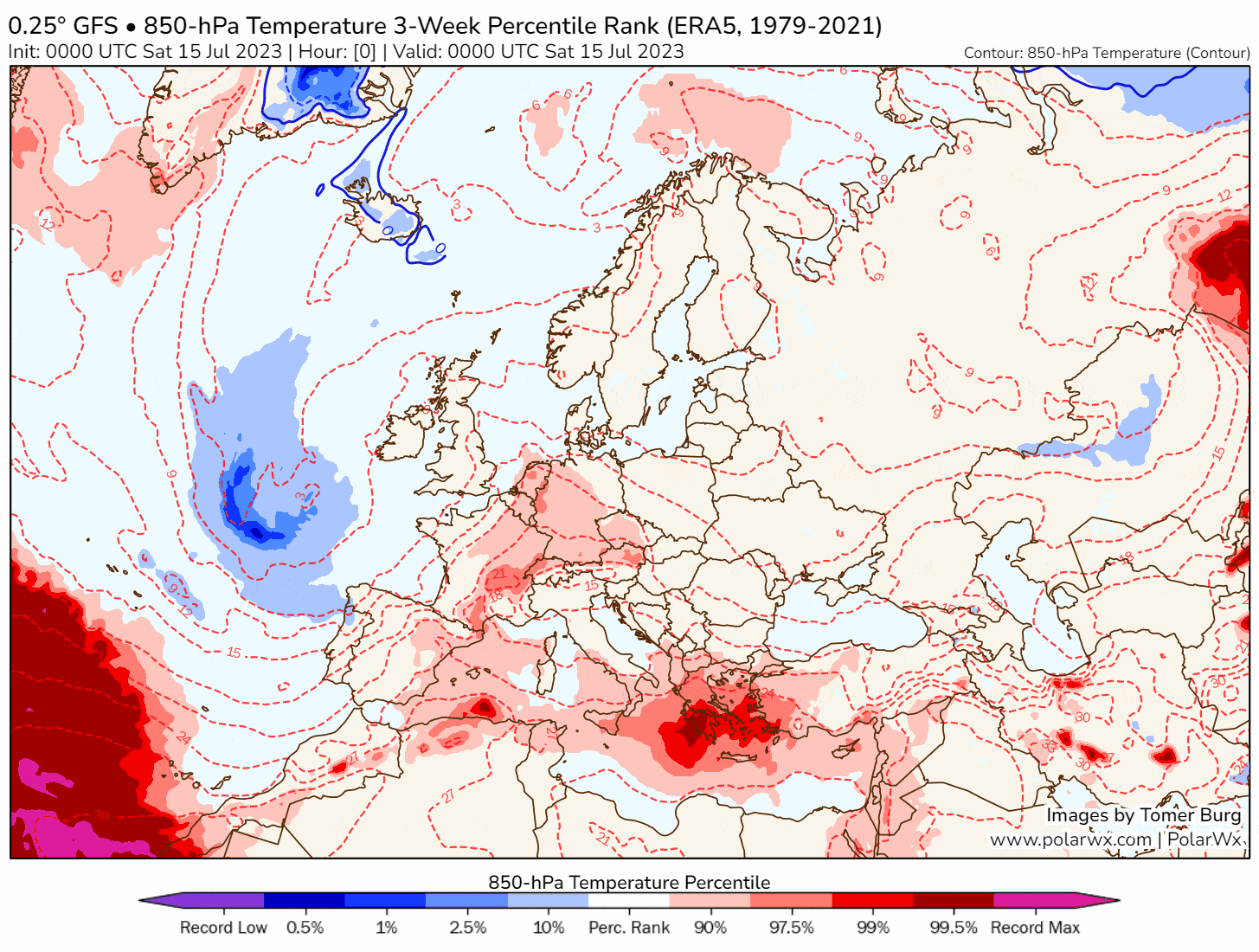Confirmation d'un &eacute;pisode de canicule intense sur bassin m&eacute;diterran&eacute;en occidental, qui pourrait gagner vers le centre ensuite. La masse d'air &agrave; 850 hPa devrait &ecirc;tre proche des records absolus sur le bassin. Mardi sera la journ&eacute;e la plus + en France avec plus de 40&deg;C possible.