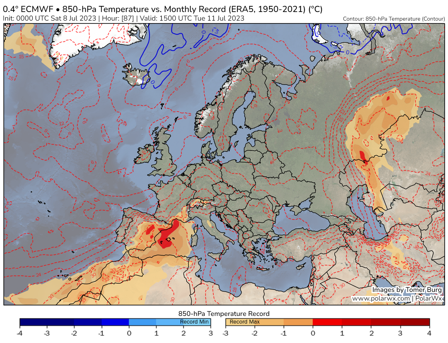 Les valeurs de g&eacute;opotentiels &agrave; 500 hPa pr&eacute;vues par le mod&egrave;le europ&eacute;en devraient &ecirc;tre au niveau des records mensuels (depuis 1950 - r&eacute;analyses ERA5). Il devrait en &ecirc;tre de m&ecirc;me au niveau de la temp&eacute;rature &agrave; 850 hPa (environ 1500 m) dans le Golfe du Lion mardi.
