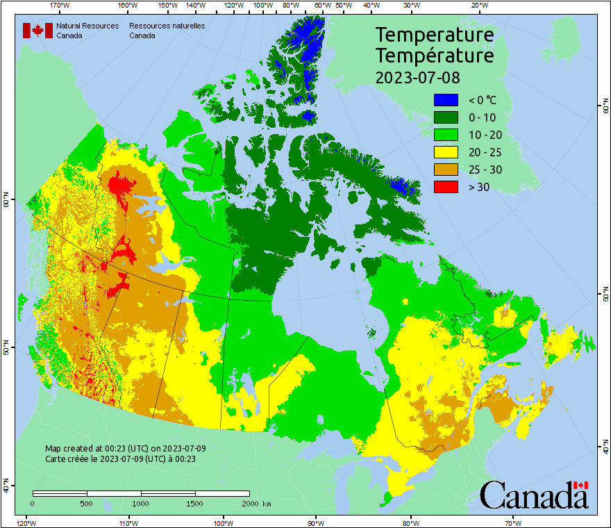 37.4&deg;C &agrave; Fort Good Hope &agrave; 66&deg; de latitude nord pr&egrave;s du cercle polaire, dans l'Arctique canadien.&nbsp; Cela constitue la valeur la plus &eacute;lev&eacute;e au Canada pour une station situ&eacute;e &agrave; une telle latitude. Il a &eacute;galement fait jusqu'&agrave; 37.9&deg;C &agrave; Norman Wells &agrave; 65&deg; de latitutde nord.
