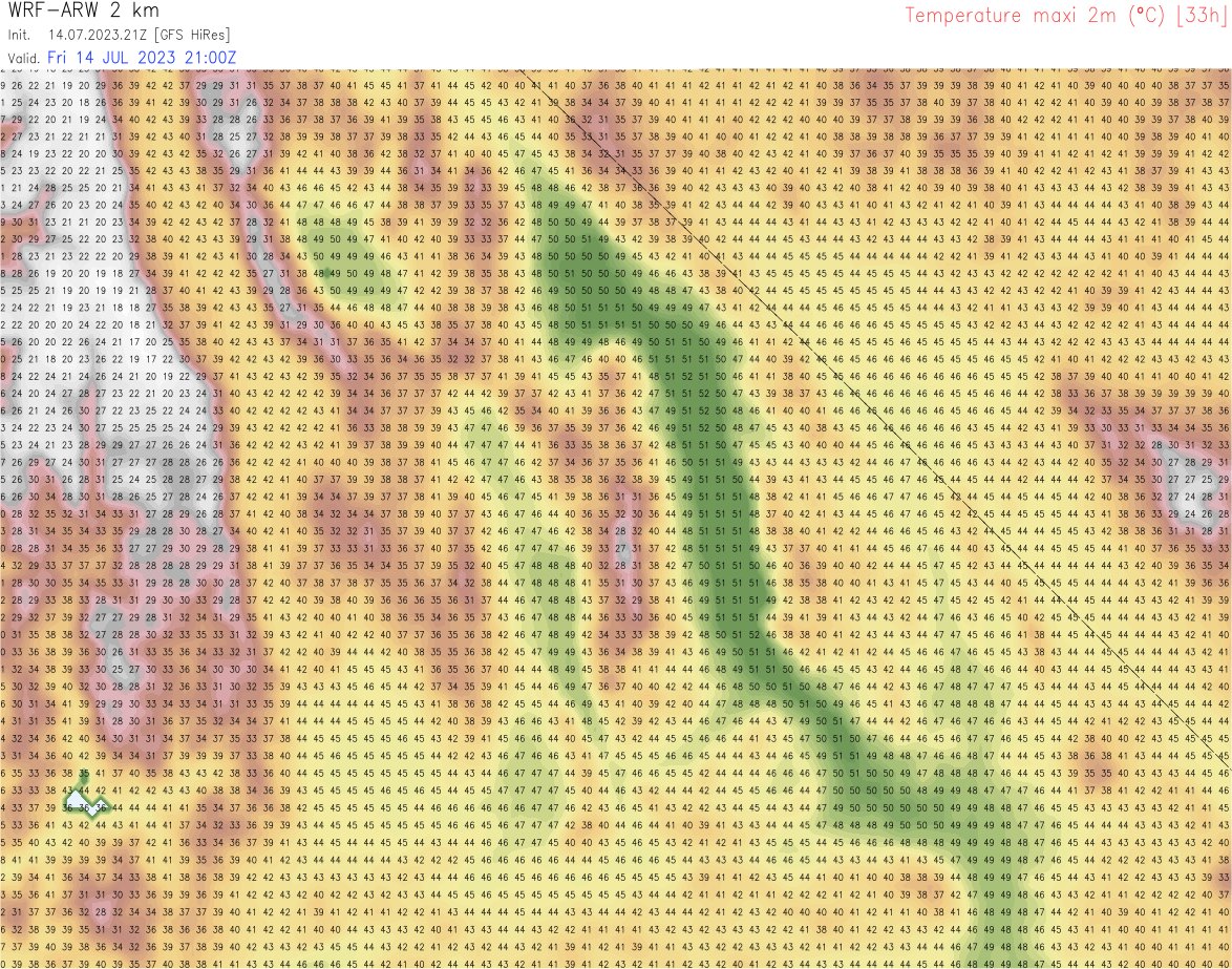 D&eacute;but de la chaleur extr&ecirc;me dans la vall&eacute;e de la Mort, o&ugrave; il a fait 50.6&deg;C &agrave; Furnace Creek ces derni&egrave;res heures. Mod&eacute;lisation ARW 2 km centr&eacute;e sur le secteur avec des valeurs atteignant 52&deg;C pour aujourd'hui. Pic attendu dimanche.