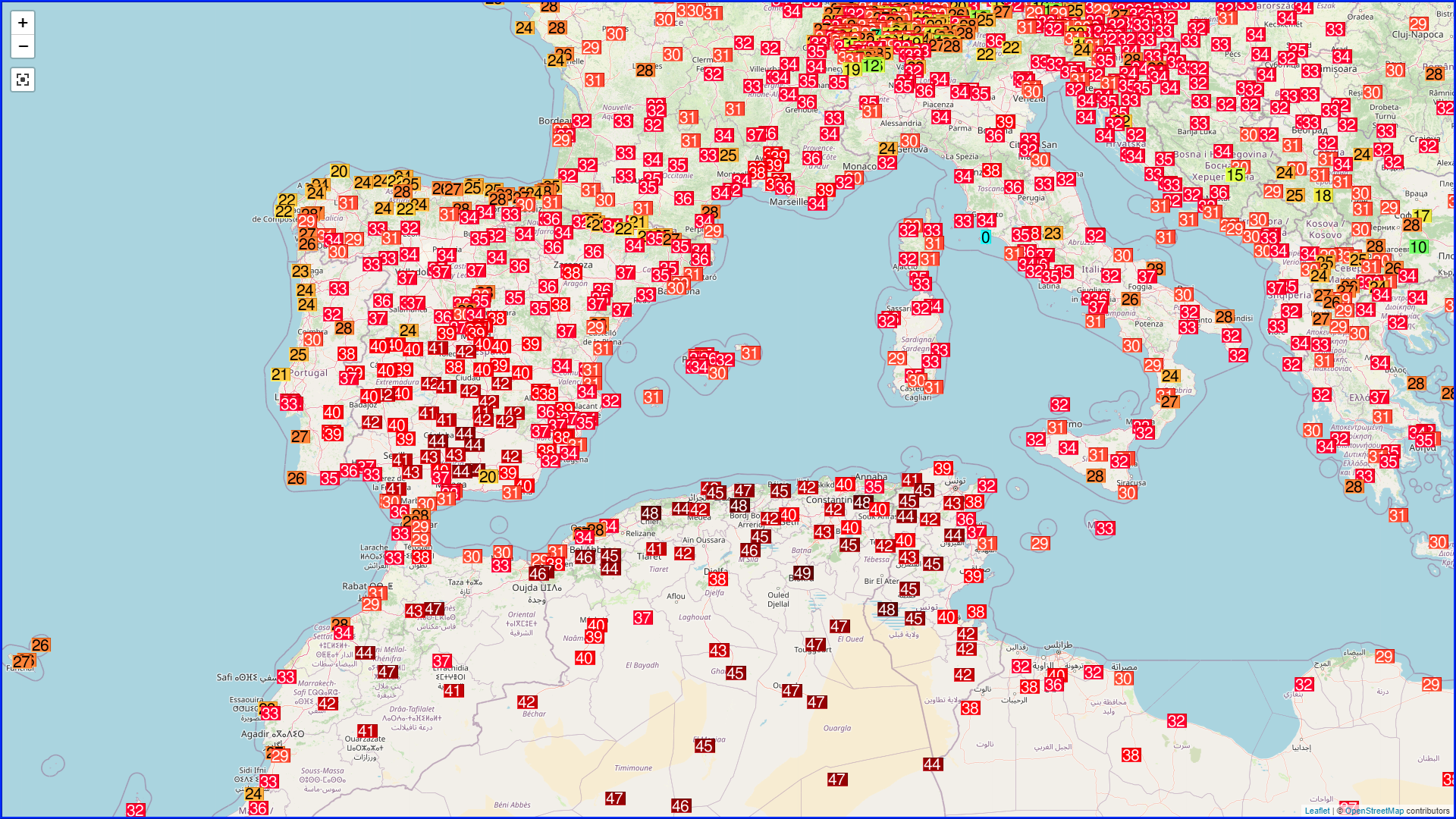 Maxi du jour : 39&deg;C &agrave; N&icirc;mes, Avignon, le Luc ou Aix. Au Maroc, 47.1&deg;C &agrave; Beni Mellal, 46.6 &agrave; F&egrave;s (&agrave; 0.1&deg;C du record absolu). En Alg&eacute;rie, 48.8&deg;C &agrave; Biskra, 48.4 &agrave; Bouira, 48.3 &agrave; Chlef et 45 dans la banlieue sud d'Alger. En Espagne 44.5&deg;C &agrave; Loja, 44.3 &agrave; Villarrobledo et Montoro.