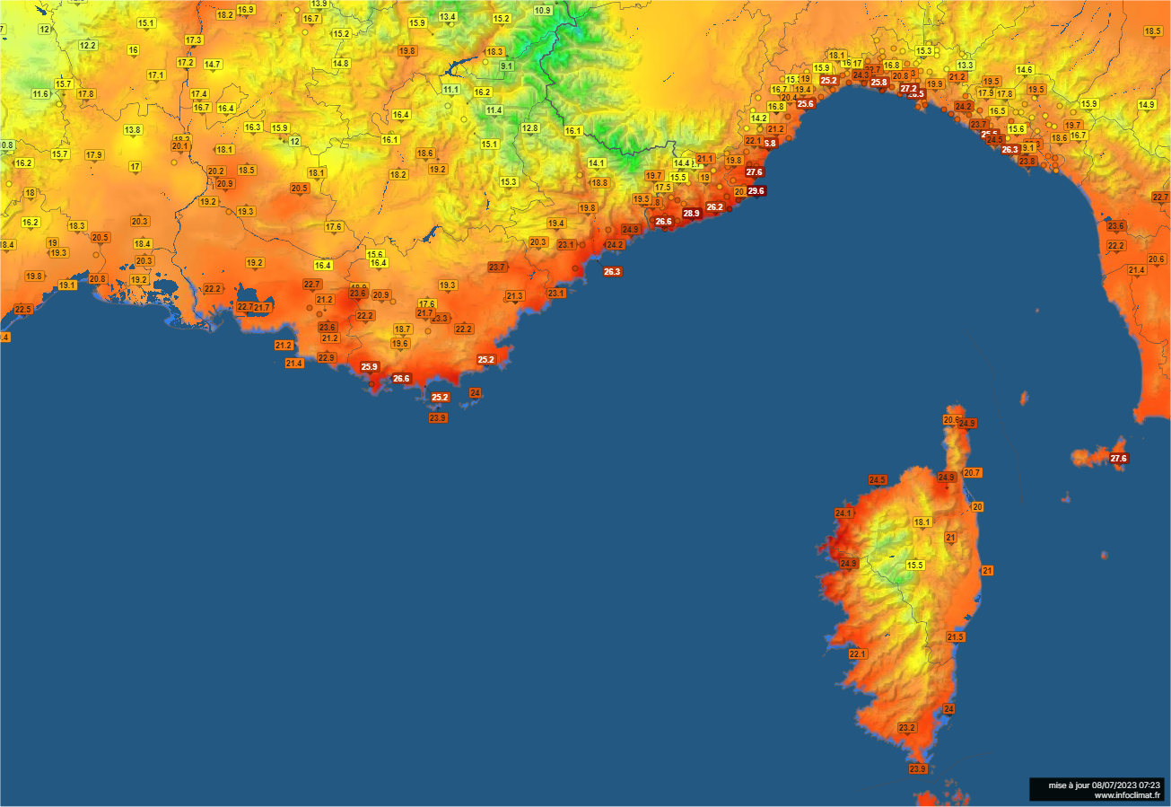 La nuit a &eacute;t&eacute; tr&egrave;s chaude sur l'extr&ecirc;me sud-est, jusqu'au littoral italien. Minimale de 27&deg;C &agrave; Toulon, 26.3&deg;C &agrave; #Nice, 25 &agrave; 26&deg;C localement en Corse Nuit tropicale jusqu'&agrave; la r&eacute;gion lyonnaise avec 22 &agrave; 23&deg;C. Carte Infoclimat