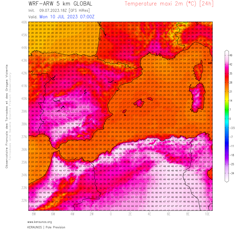 La chaleur va sensiblement s'accentuer avec le renforcement du d&ocirc;me anticyclonique entre sud Espagne (45/46&deg;C), Maroc et #Alg&eacute;rie o&ugrave; des pointes &agrave; 49&deg;C sont simul&eacute;es sur le nord de ces deux pays ce lundi.
