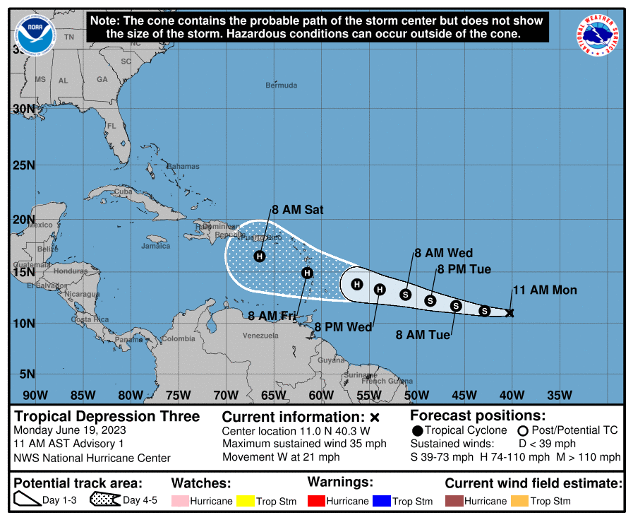 <p>La dépression tropicale n°3 est née dans l'Atlantique et devrait rapidement évoluer en tempête tropicale Bret. Les Antilles sont exposées à un risque d'ouragan en deuxième partie de semaine selon le NHC.</p>