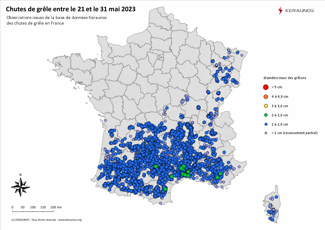 <p>Le nombre de chutes de grêle relevé a doublé depuis début juin, par rapport à la dernière décade de mai, durant laquelle cette séquence orageuse a débuté. Plus de 7000 chutes de petite dimension ont ainsi été recensées sur la moitié sud de la France en 20 jours. </p>