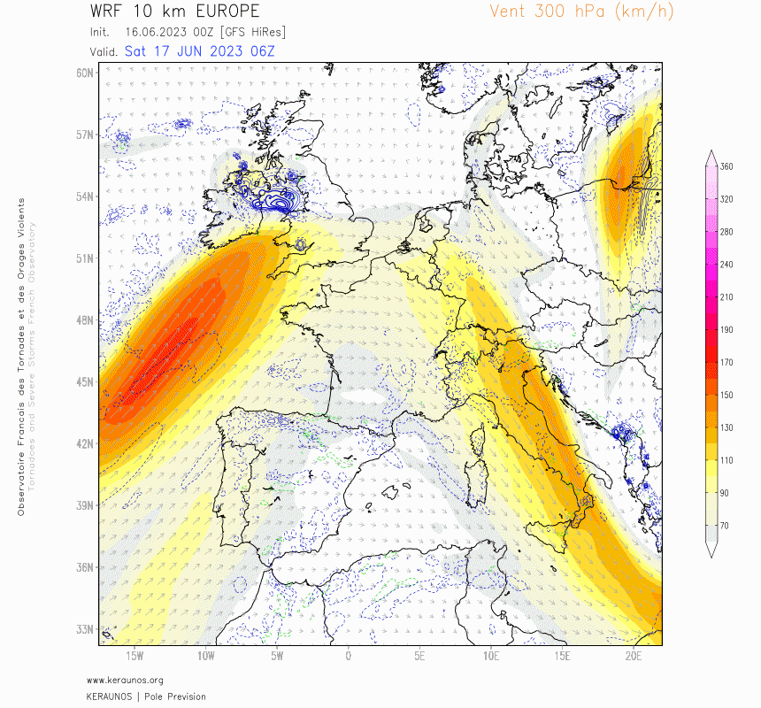 <p>Retour d'un classique flux de SO dynamique dès samedi soir, avec un jet ondulant sur la France jusqu'à mercredi inclus. Plusieurs forçages d'altitude vont concerner la France, avec succession de salves orageuses parfois fortes. Le sud-est va rester à l'écart des orages.</p>