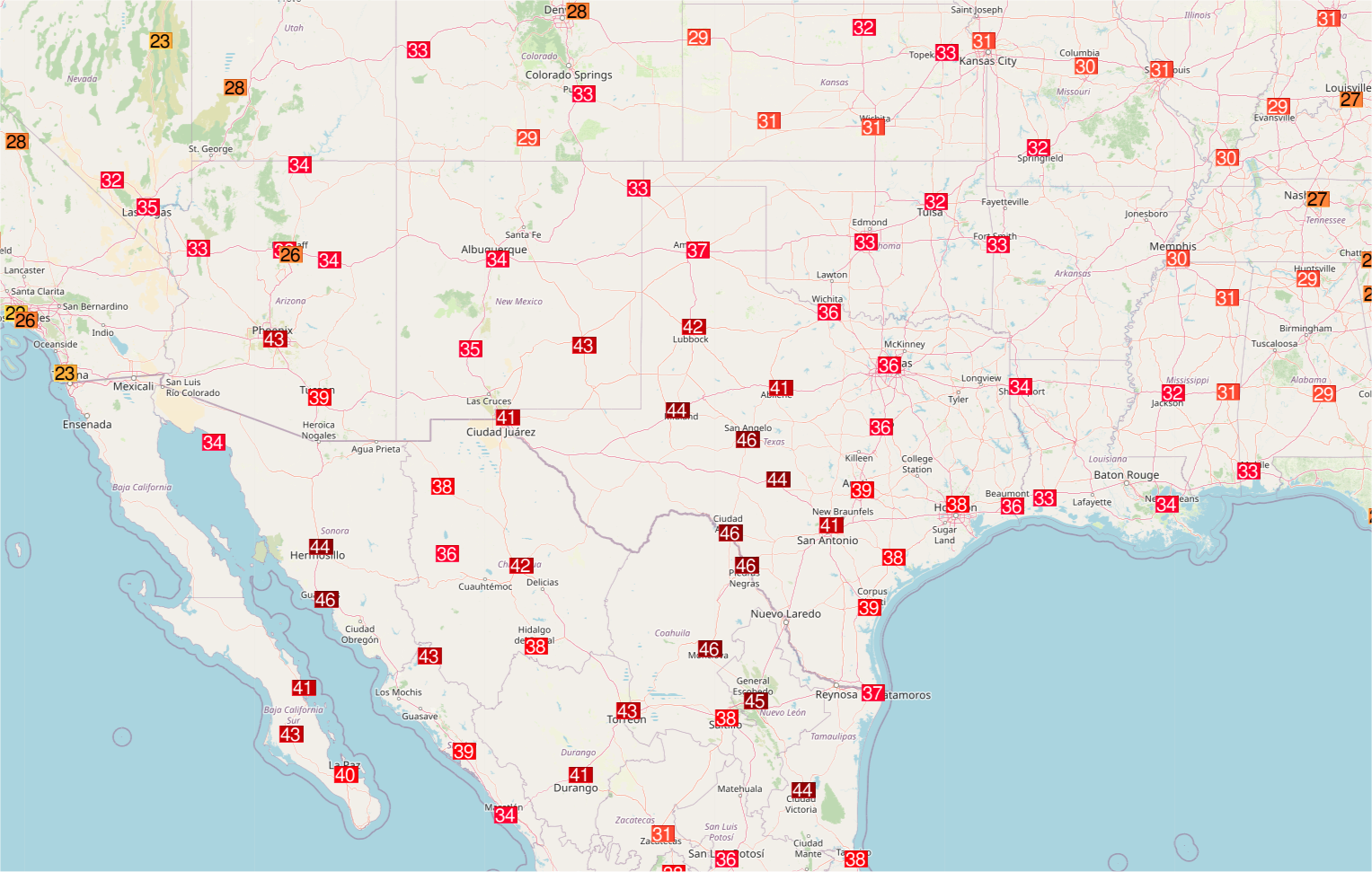 <p>Le dôme de chaleur persiste entre Mexique et Texas avec des températures extrêmes de 46 à 47°C et des records. Il a fait jusqu'à 47.2°C (117°F) à l'aéroport de Cotulla (Texas) et 46°C à Monclova (615 m alt) au Mexique qui enchaîne sa 4ème maxi > 45°C. Carte Ogimet</p>