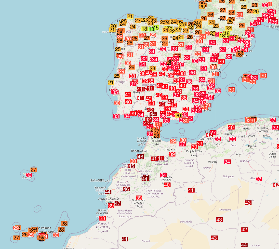 <p>Chaleur extrême hier lundi au Maroc avec records mensuels sur la côte (46.3°C à Rabat, ou 43.9°C à Essaouira) et de nombreuses valeurs à 45°C. Jusqu'à 44.4°C à El Granado et 42.9°C à Séville en Espagne. Carte Ogimet</p>