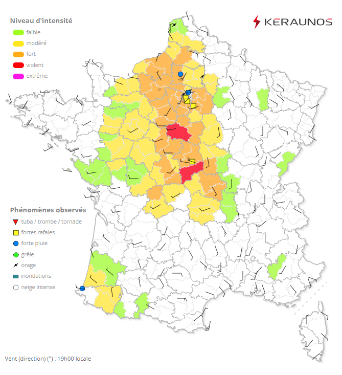 <p>Sur le sud-ouest, on note un déphasage significatif entre basses couches (vents à l'ouest sur l'Aquitaine) et forçage d'altitude tardif. D'autre part, la nébulosité est importante. Le risque de phénomènes violents est en baisse, bien que des #orages forts restent possibles.</p>